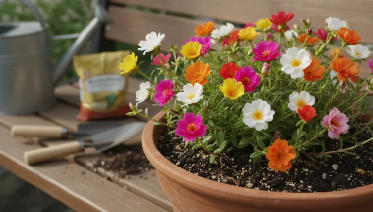 "টবে ফুটে থাকা উজ্জ্বল ও রঙিন পর্তুলিকা ফুল গাছ।