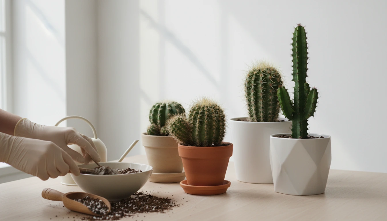 "ক্যাকটাস গাছের জন্য আদর্শ মাটি তৈরি এবং সঠিক পরিচর্যার দৃশ্য।"ঘরোয়া পদ্ধতিতে ক্যাকটাসের ঝুরঝুরে মাটি প্রস্তুত ও টবে চারা রোপণ।