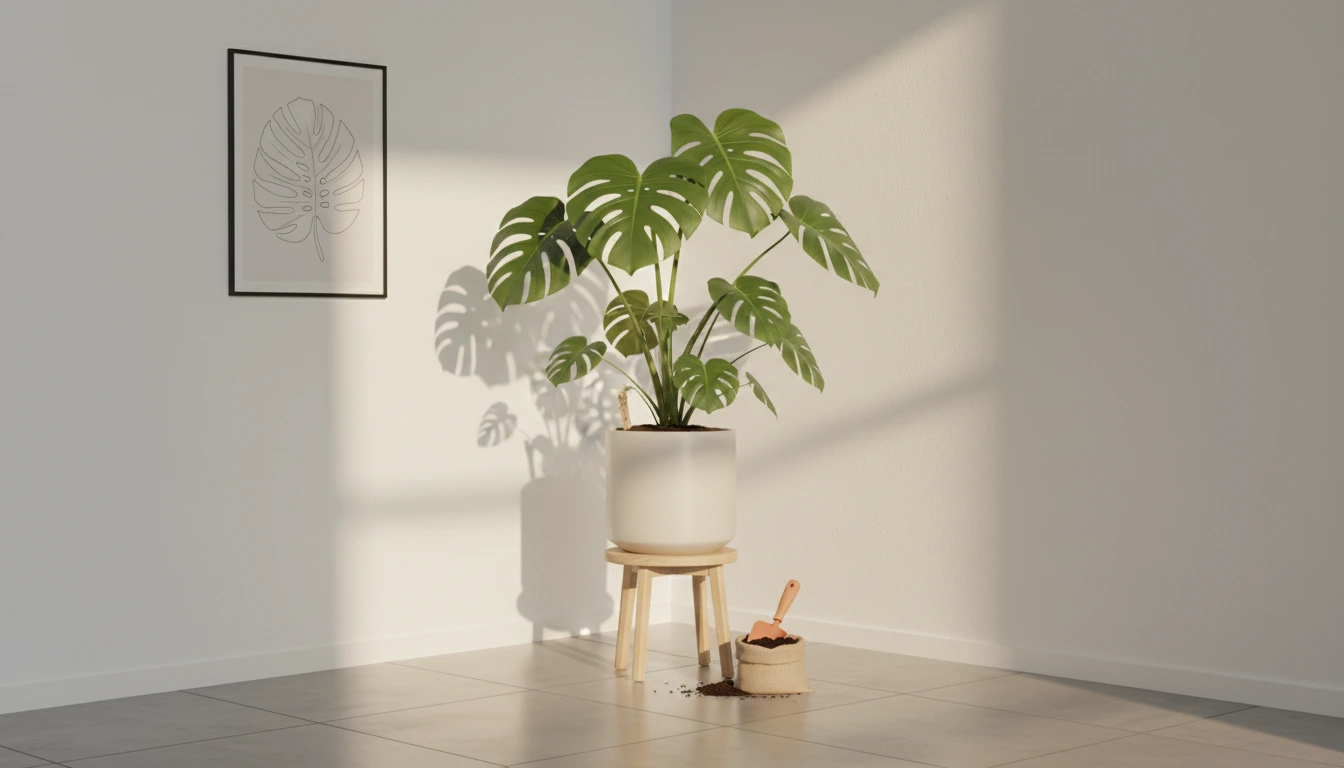 ঘরের কোণ সাজাতে একটি দৃষ্টিনন্দন মনস্টেরা গাছ।