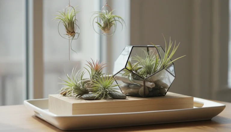 মাটি ছাড়াই ঘর সাজানোর উপযোগী সুন্দর একটি এয়ার প্লান্ট । ইনডোর ডেকোরেশনের জন্য কাঁচের পাত্রে রাখা মাটিহীন এয়ার প্লান্ট।