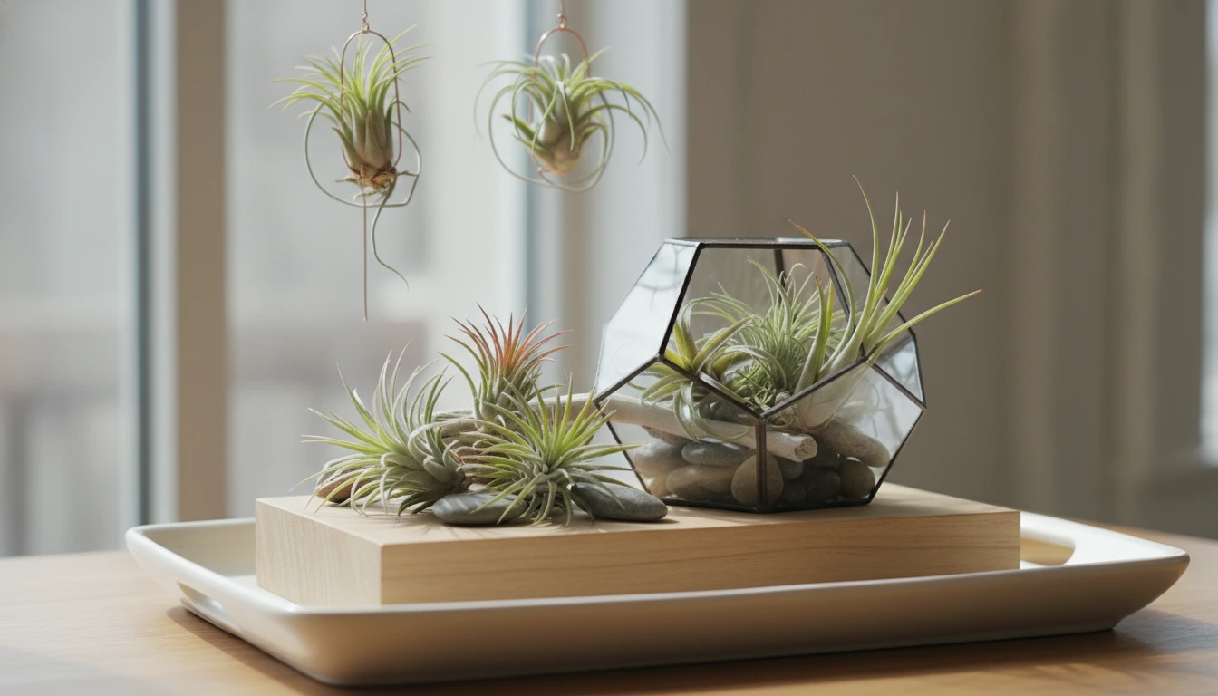 মাটি ছাড়াই ঘর সাজানোর উপযোগী সুন্দর একটি এয়ার প্লান্ট । ইনডোর ডেকোরেশনের জন্য কাঁচের পাত্রে রাখা মাটিহীন এয়ার প্লান্ট।