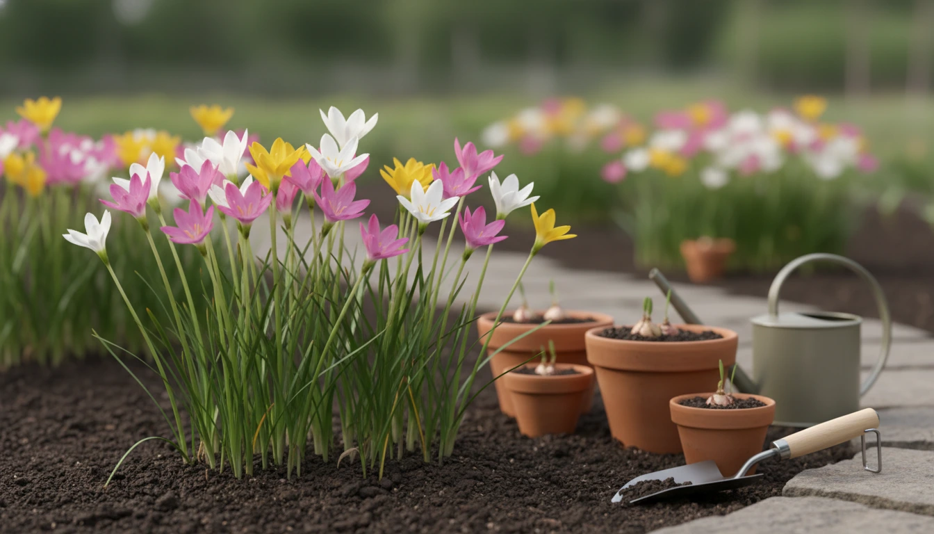 বাগানে ফুটে থাকা রঙিন রেইন লিলি ফুল।রেইন লিলি ফুলের বাগান এবং সঠিক পরিচর্যার দৃশ্য।