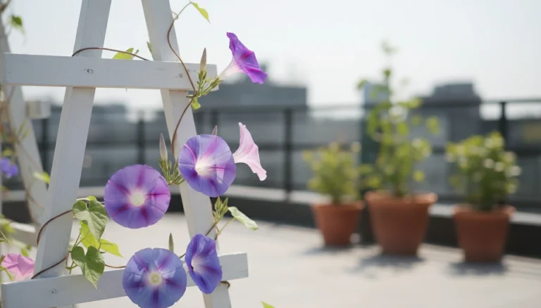 ছাদবাগানে একটি টবে ফুটে থাকা উজ্জ্বল বেগুনি রঙের মর্নিং গ্লোরি ফুল।মর্নিং গ্লোরি ফুল চাষ: ছাদবাগানের টবে সতেজ নীল ও বেগুনি ফুল।ছাদবাগানে চাষ করা সতেজ মর্নিং গ্লোরি ফুল।