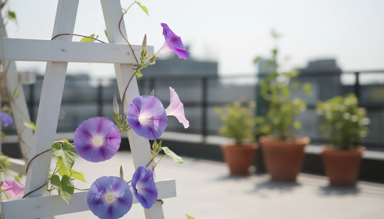 ছাদবাগানে একটি টবে ফুটে থাকা উজ্জ্বল বেগুনি রঙের মর্নিং গ্লোরি ফুল।মর্নিং গ্লোরি ফুল চাষ: ছাদবাগানের টবে সতেজ নীল ও বেগুনি ফুল।ছাদবাগানে চাষ করা সতেজ মর্নিং গ্লোরি ফুল।