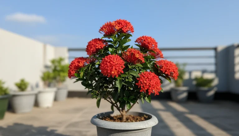 *"ছাদবাগানে টবে ফুটে থাকা সতেজ লাল রঙ্গন ফুল।