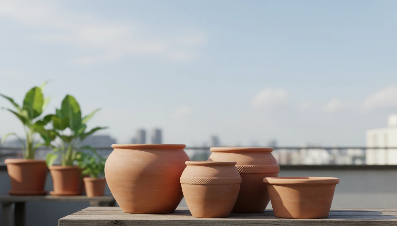 আপনার ওয়েবসাইটের কন্টেন্টের জন্য উপযুক্ত একটি ছোট অল্ট টেক্সট (Alt Text) নিচে দেওয়া হলো: **অল্ট টেক্সট:** "ছাদবাগানের জন্য বিভিন্ন আকারের মাটির বা টেরাকোটা টব।" আপনি যদি আরও নির্দিষ্টভাবে বলতে চান, তবে এটিও ব্যবহার করতে পারেন: **"গাছ লাগানোর জন্য উপযুক্ত টেকসই মাটির টেরাকোটা টব।"**