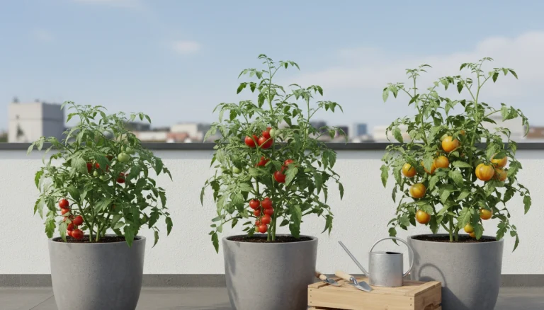"ছাদ বাগানের টবে ঝুলে থাকা প্রচুর লাল টমেটো এবং সতেজ টমেটো গাছ।