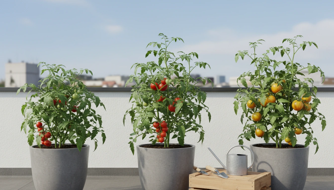 "ছাদ বাগানের টবে ঝুলে থাকা প্রচুর লাল টমেটো এবং সতেজ টমেটো গাছ।