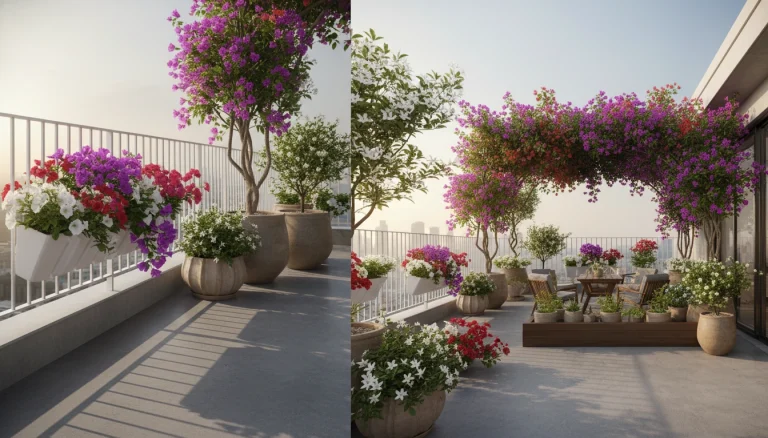 বারান্দায় বা ছাদে চাষ করা সুন্দর বাগান বিলাস ফুলের গাছ।