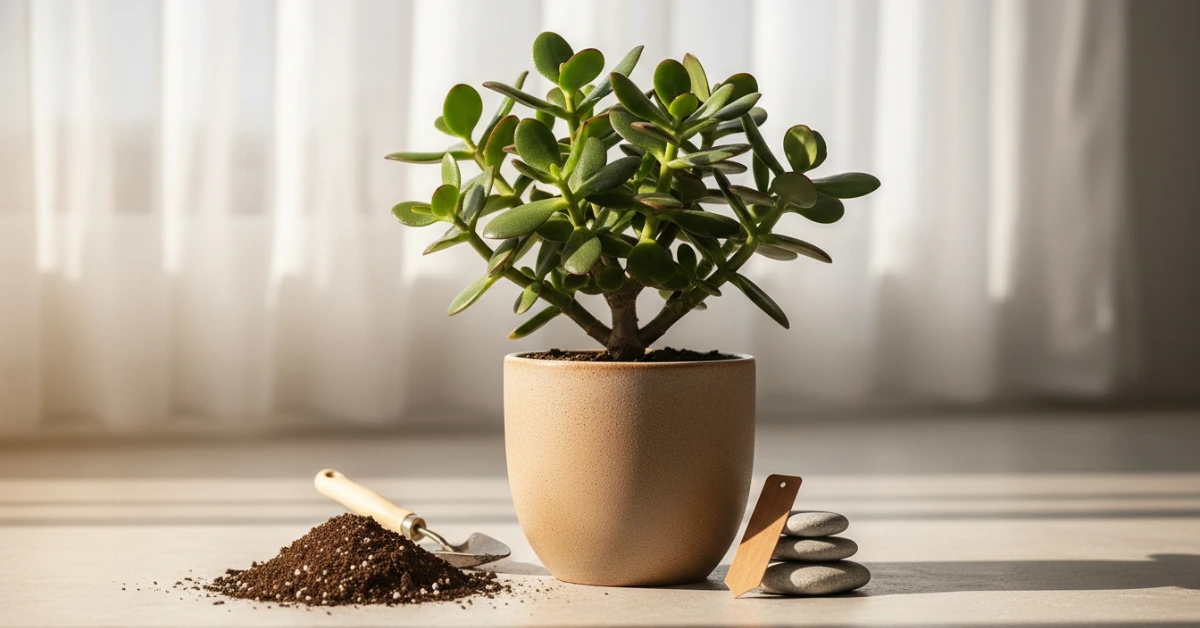 একটি টবে লাগানো সতেজ সবুজ জেড প্লান্ট। ঘরের ভেতরে রাখা সুন্দর জেড প্লান্ট।