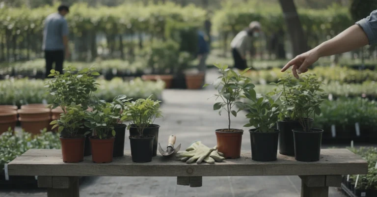 নার্সারি থেকে গাছ কেনার সময় ভালো চারা চেনার জন্য সারিবদ্ধভাবে রাখা গাছের দৃশ্য।*