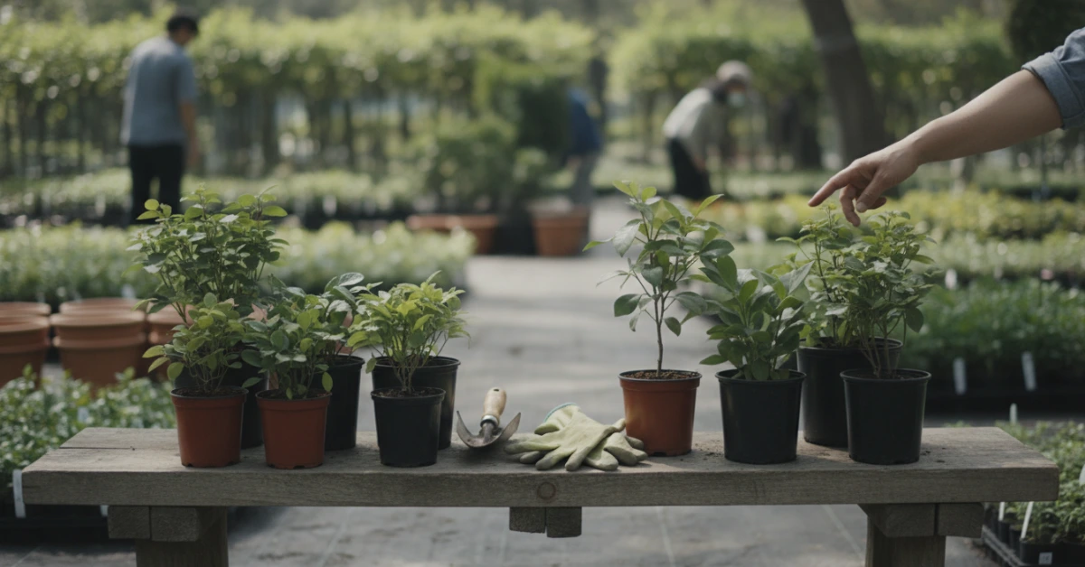 নার্সারি থেকে গাছ কেনার সময় ভালো চারা চেনার জন্য সারিবদ্ধভাবে রাখা গাছের দৃশ্য।*