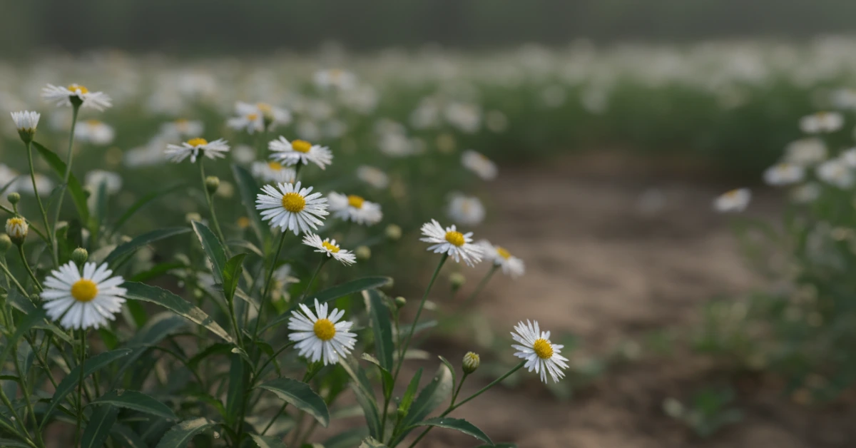 একটি সতেজ সাদা ভৃঙ্গরাজ ফুল এবং এর সবুজ পাতা।