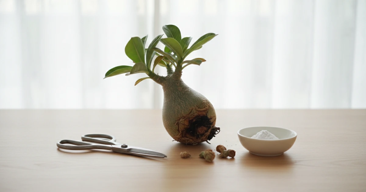 এডেনিয়াম গাছের পচে যাওয়া কডেক্স বা গোড়া এবং এটি সারিয়ে তোলার প্রক্রিয়া।