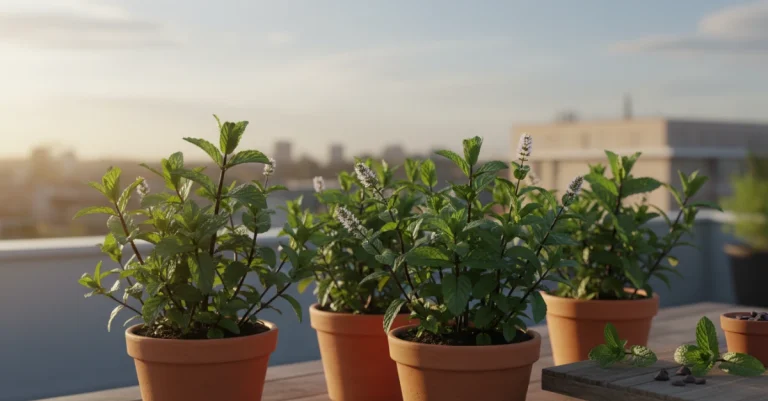 ছাদবাগানে টবে চাষ করা সতেজ চকলেট মিন্ট বা সুগন্ধি পুদিনা গাছ।