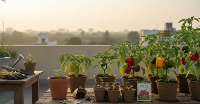 ছাদ বাগানে টবে বীজ থেকে ক্যাপসিকাম চাষের দৃশ্য।
