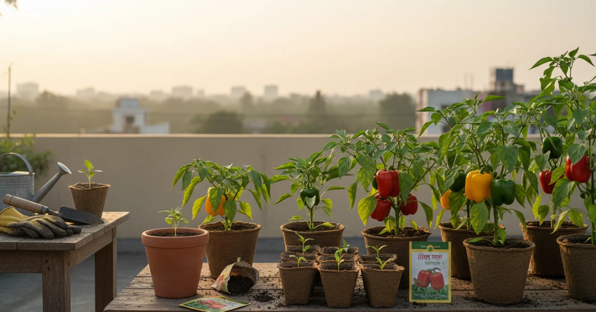 ছাদ বাগানে টবে বীজ থেকে ক্যাপসিকাম চাষের দৃশ্য।