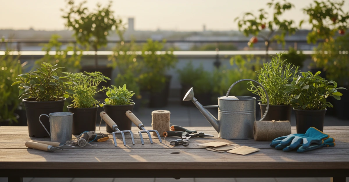 ছাদবাগানের জন্য প্রয়োজনীয় বিভিন্ন গার্ডেনিং টুলস বা বাগানের সরঞ্জাম।