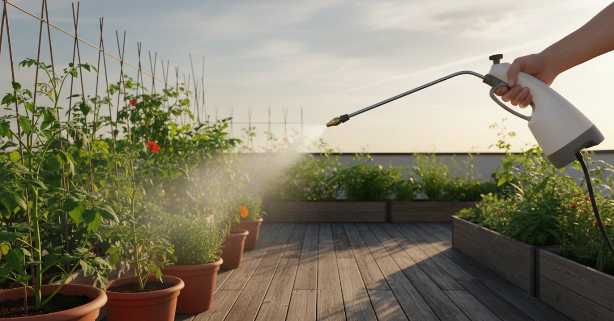 ছাদবাগানের জন্য প্রেসার স্প্রেয়ারের ব্যবহার।