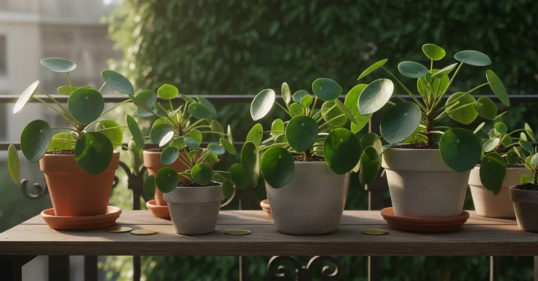 টবে সাজানো সতেজ সবুজ কয়েন প্লান্ট বা পেনিওয়ার্ট গাছ।