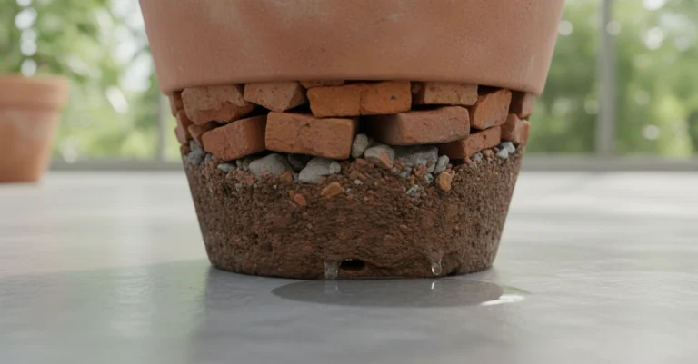 টবের মাটির উন্নত ড্রেনেজ ব্যবস্থায় ইটের টুকরোর ব্যবহার।