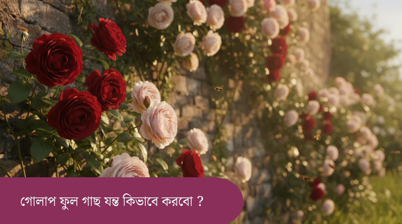 **"একটি সুন্দর সতেজ গোলাপ ফুল গাছ এবং এর সঠিক পরিচর্যা।"** আপনি যদি আরও সুনির্দিষ্ট করতে চান, তবে এটি ব্যবহার করতে পারেন: **"বাগানে ফুটে থাকা লাল গোলাপ গাছ - রোপণ ও পরিচর্যার তথ্য।"**