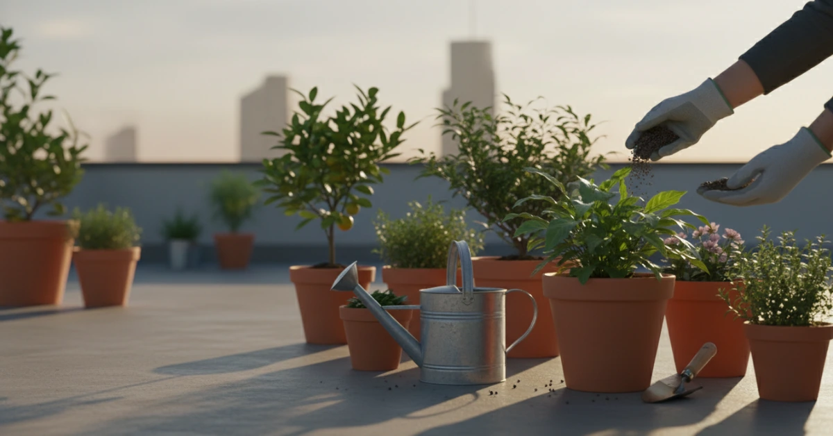 ছাদবাগানের টবে গাছের পুষ্টির জন্য জৈব সার দেওয়ার পদ্ধতি।"**